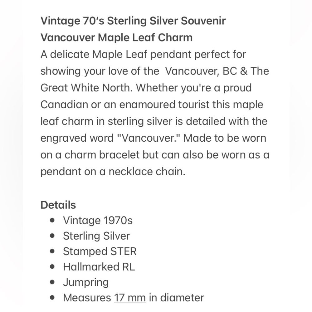 Vintage 70’s Sterling Silver Souvenir Vancouver Maple Leaf Charm - Picture 10 of 11